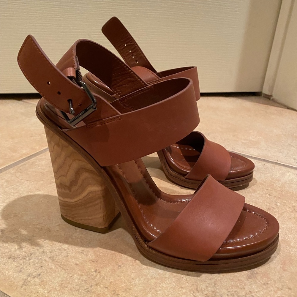 Vince Haley block burl wood leather heels - cognac, size 6.5
